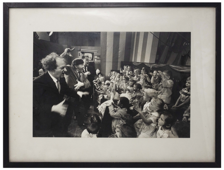 13.25'' x 9'' Photo That Hung in Moe's Office of The Three Stooges Entertaining Children -- Framed to 18.25'' x 14'' With Norman Maurer Productions Stamp on Verso -- Very Good Plus Condition